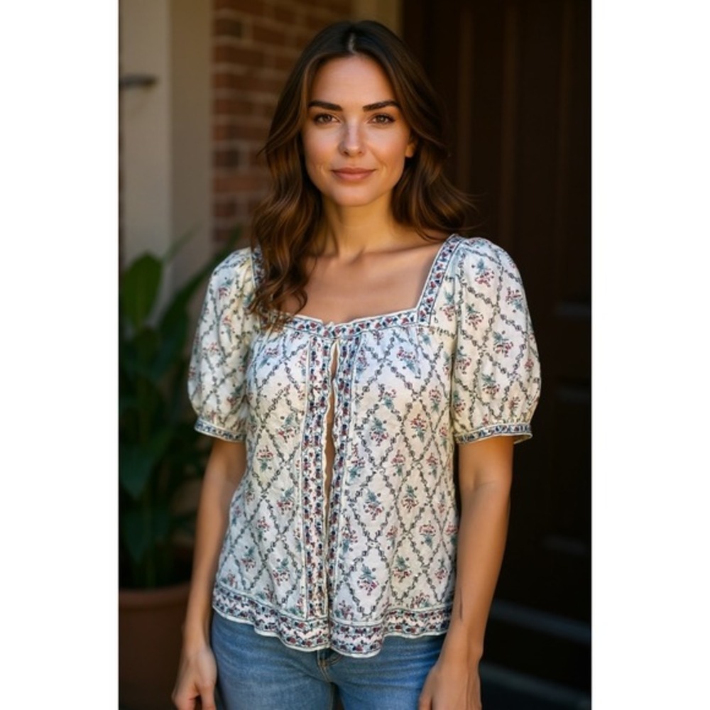 Max Studio London Floral Print Square Neck Puff Sleeve Blouse Top‎